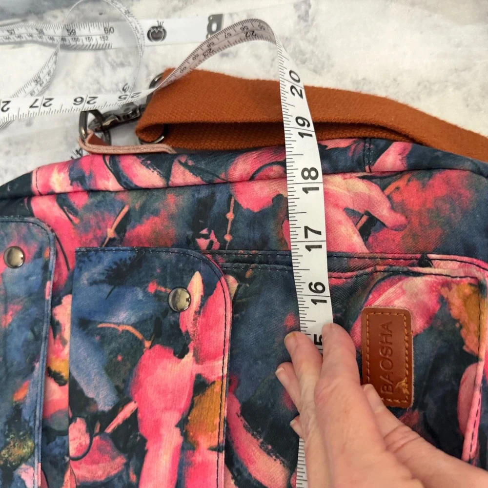 Baosha‎ Laptop Bag OS Pink Navy Floral Canvas Messenger Crossbody Briefcase